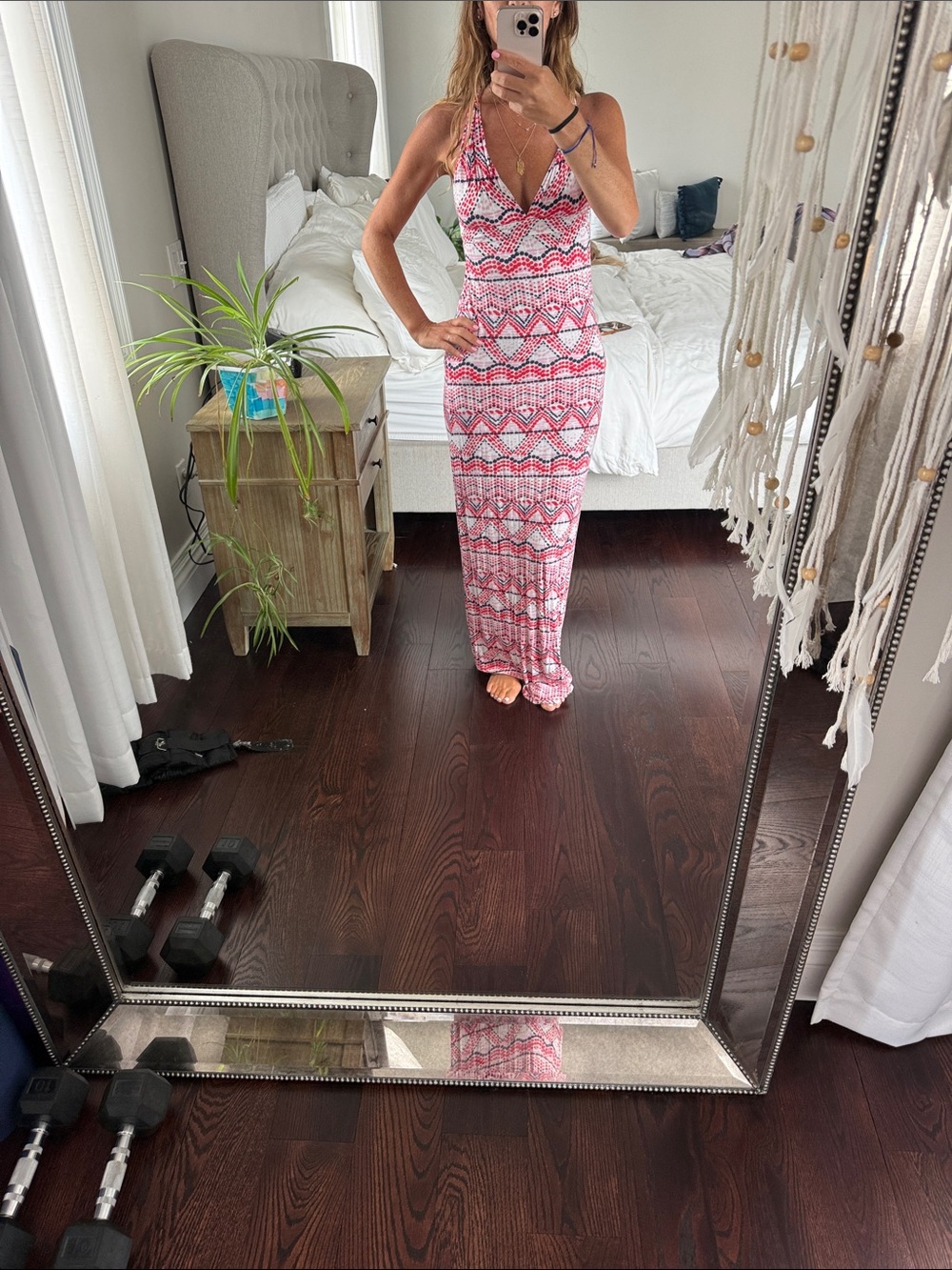 Women’s Pink Patterned Maxi Dress - Halter Neck